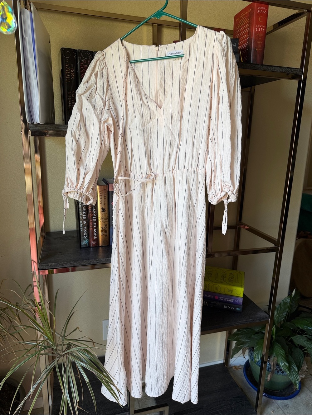 NWOT Calvin Klein Cream Midi Dress with Subtle Stripes
